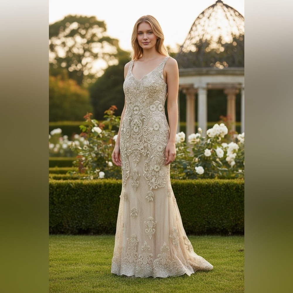 MONTAGE By Mon Cheri Cream Embellished Maxi Dress